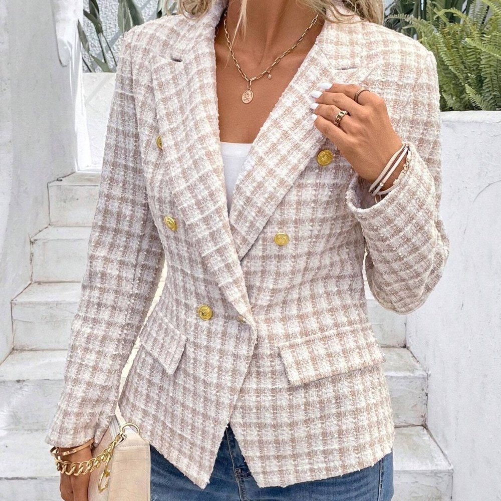 Apricot Elegant Womens Plaid Pattern Double Breasted Flap Detail Blazer - Picture 5 of 5